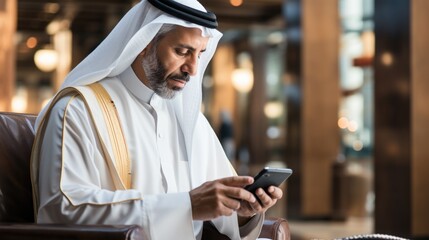 arabic mature man texting message in his phone - obrazy, fototapety, plakaty