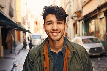 city walking happy smiling man latin Young adult attractive background beard casual attire cheerful confident cool enjoy expression face fashion fun guy photogenic happiness healthy hispanic - obrazy, fototapety, plakaty