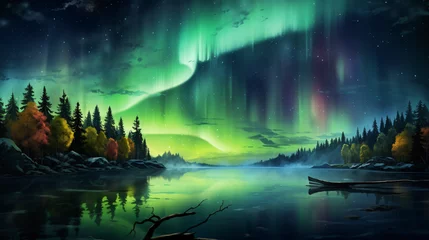 Vitrage gordijnen Noorderlicht A beautiful aurora bore over a lake with a forest in night 