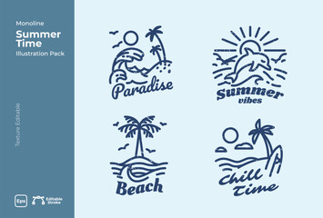 Monoline badges Abstract design summer logo template with palm trees, dolphin, and sun. Modern minimal linear badge and emblem set. Surfing Beach monoline.