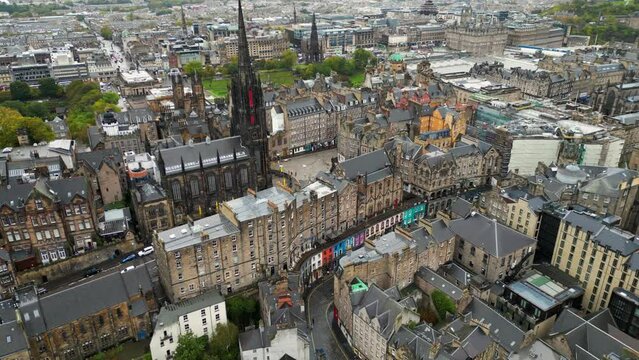 Aerial View Shot of Edinburgh UK, Edinburgh Castle, Old Town, Scotland, United Kingdom. Top Cinematic Aerial View. 