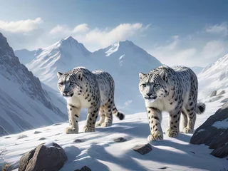 Fototapeten two snow leopards walking on a snowy mountain side with mountains in the background © Masum