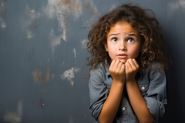 problem Anxiety nails biting mouth hands nervous stressed looking wall grey grunge kid hispanic Young girl children long hair over background studio little model honed fashion jean cool natural - obrazy, fototapety, plakaty