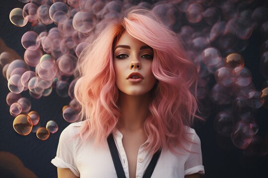 gum bubble blowing hair pink long woman hipster Young fashion girl model sweet beautiful white chewing background person style attractive pretty colourful cool chew beauty people urban female