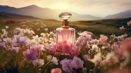 A bottle of perfume sitting on top of a field of flowers - obrazy, fototapety, plakaty