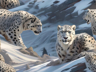 a many snow leopards walking on a snowy hill