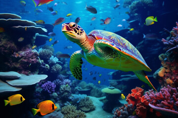 Obraz na płótnie Canvas Colorful fish swims among colorful corals Generative ai