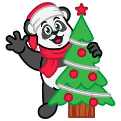 Panda in Santa Claus hat and scarf decorating a Christmas tree