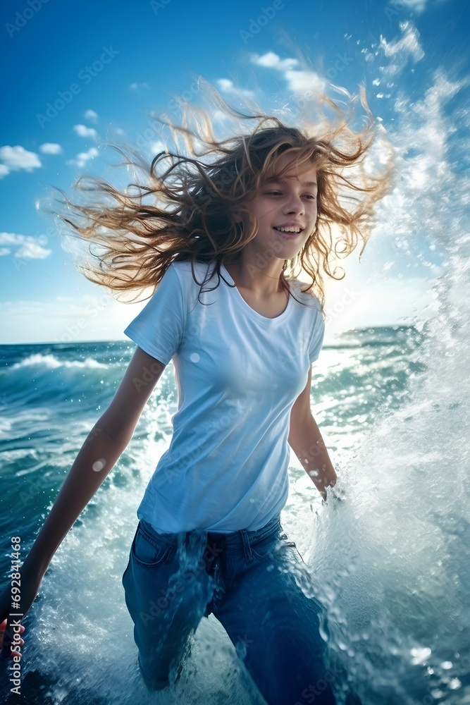 Wall mural a happy teenage girl playing with the waves in the blue sea. generative ai