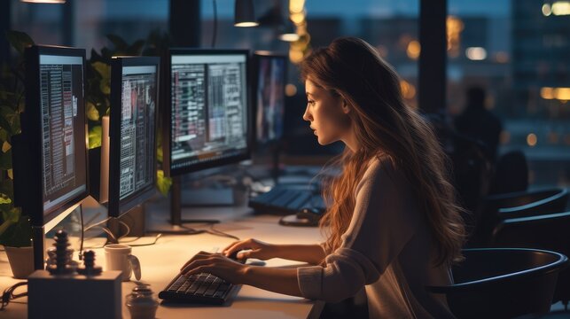 Female Software Engineer Writing Code on Desktop Computer in Office Space. Generative AI.