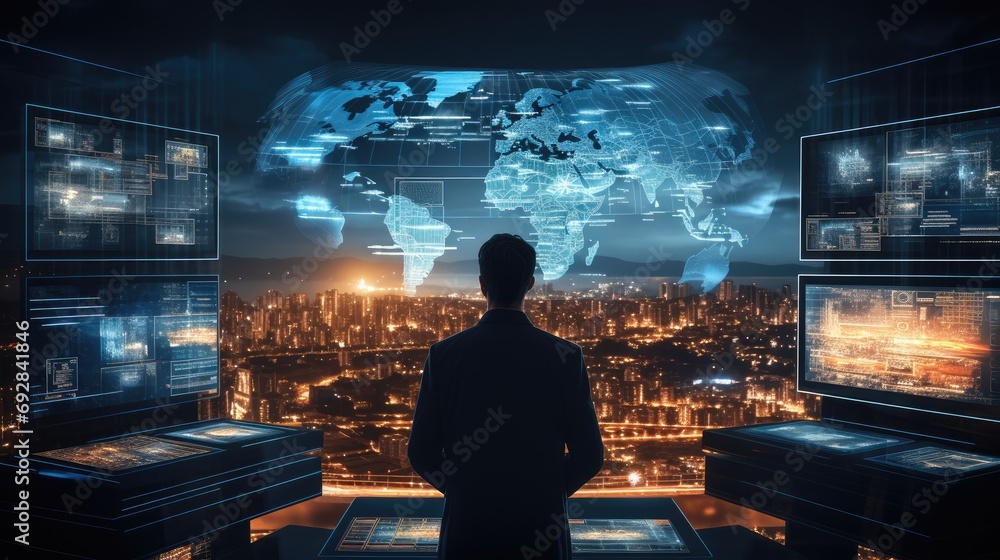 Aufkleber AI engineer analyzing data on a large futuristic screen. Generative AI.
