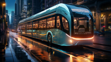 Ultra modern bus in night city street with illuminated buildings and public transportation - obrazy, fototapety, plakaty