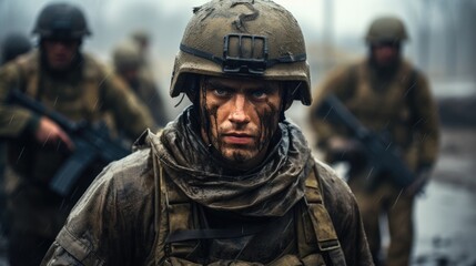 Naklejka premium Military in war zone. Generative AI.