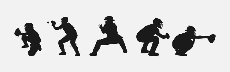 set of silhouettes of baseball player catching the ball with different pose, gesture. catcher. isolated on white background. vector illustration.