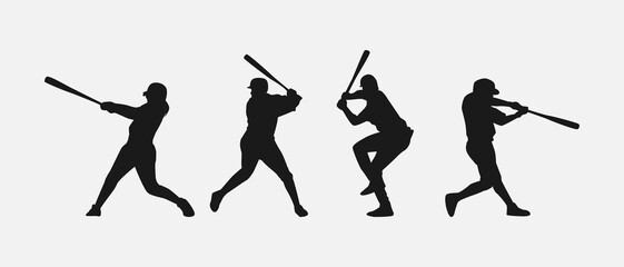 set of silhouettes of baseball player swinging the bat with different pose, gesture. batter. isolated on white background. vector illustration.