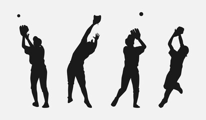 set of silhouettes of baseball players jumping and catching the ball with different poses, gestures. fielder. isolated on white background. vector illustration.