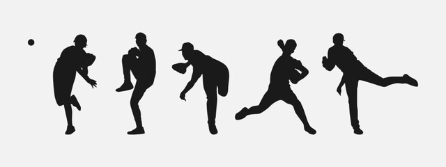 set of silhouettes of baseball player throwing ball. front look. isolated on white background. vector illustration. - obrazy, fototapety, plakaty