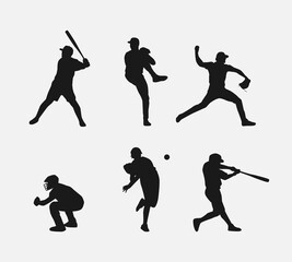 Set of silhouettes of baseball player, male athlete. Different action, pose, gesture. Isolated on white background. Vector illustration.