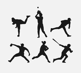 Set of silhouettes of baseball player, male athlete. Different action, pose, gesture. Isolated on white background. Vector illustration.