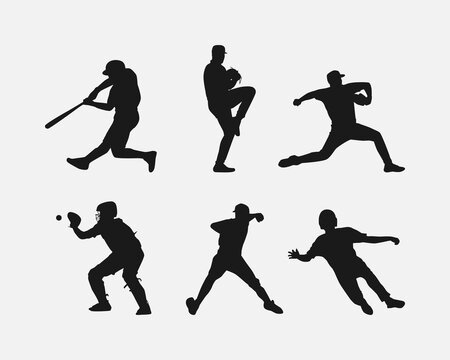 Set of silhouettes of baseball player, male athlete. Different action, pose, gesture. Isolated on white background. Vector illustration.