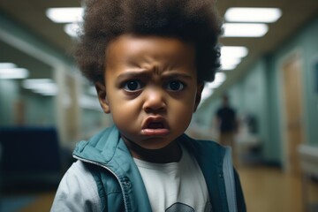 Angry black baby in a hospital room. Generative AI. - obrazy, fototapety, plakaty