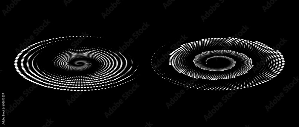 Poster Linear and halftone speed spiral set. White dynamic dots and lines in perspective. Radial swirl elements for logo, print, poster, template, icon, banner. Round technology illustration. Vector pair
