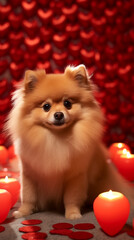 Fototapeta na wymiar 9:16 or 16:9 Cute Pomeranian dogs come to spread love on Valentine's Day and other special days.for backgrounds on mobile or computer screens or other printing projects.