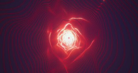 Abstract red orange energy tunnel made of lines and dots of particles, tunnel glowing shiny futuristic hi-tech, abstract background