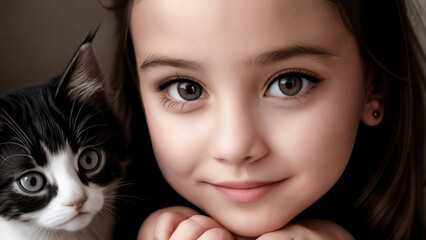 Little girl and kitten.  Child and cat. Kid hugging her cute kitty. Close up. Adorable domestic pet. - obrazy, fototapety, plakaty
