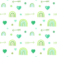 Stylish watercolor seamless pattern with green rainbows in a childish style. Hand-drawn elements for textiles, fabric, wallpaper, stationery, posters, prints, invitations, cards, baby shower.