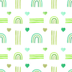 Stylish watercolor seamless pattern with green rainbows in a childish style. Hand-drawn elements for textiles, fabric, wallpaper, stationery, posters, prints, invitations, cards, baby shower.