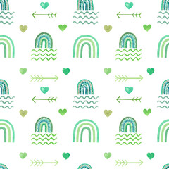 Stylish watercolor seamless pattern with green rainbows in a childish style. Hand-drawn elements for textiles, fabric, wallpaper, stationery, posters, prints, invitations, cards, baby shower.