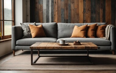 Grey sofa sits next to a rustic barn wood coffee table, adding charm to the farmhouse interior. The room is brightened by large grid windows, creating a cozy atmosphere