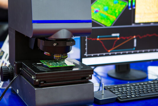 3D laser microscope measuring PCB board. Industrial manufacturing