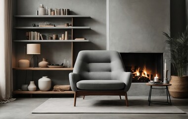 Grey chair sits by the fireplace against a concrete wall with shelves, following a Scandinavian home interior style