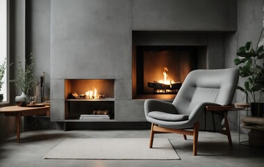 Grey chair sits by the fireplace against a concrete wall with shelves, following a Scandinavian home interior style