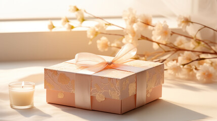 The gentle morning sun kisses a peach-patterned gift box with a delicate bow, creating a moment of tranquil elegance. Peach Fuzz color 2024
