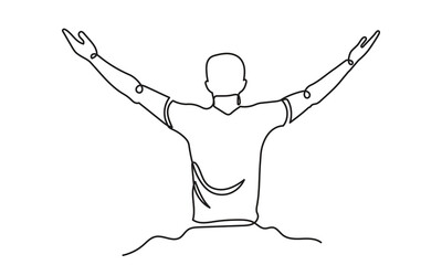 continuous line drawing of a healthy young man outdoors with open arms. happy relaxing male spread arms. concept of freedom, cheering and breathing deeply vector illustration.
