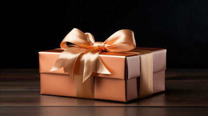 A solitary peach gift box with a luxurious ribbon stands out against a dark background, offering an air of mystery and anticipation. Peach Fuzz color 2024