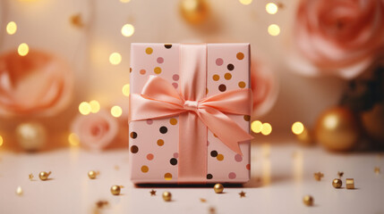 Fototapeta na wymiar A charming gift box, tied with a peach fuzz bow and polka dots, sparkles against a festive golden bokeh, ready for a joyous occasion.