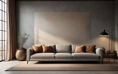 loft home has a stylish interior design. A grey fabric sofa is placed against a textured stucco wall, creating a unique contrast. A poster frame adds a touch of art to the overall aesthetic