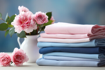pink rose in vase and colourful towels on blue background