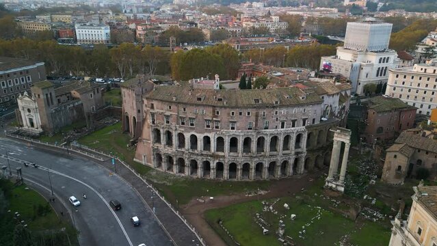 Teatro di Marcello and Temple of Apollo Palatinus Ruins - Circling Drone Shot. Rome, Italy