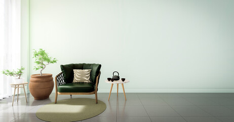 3d rendering of a living room interior with a seating area at the end of the room