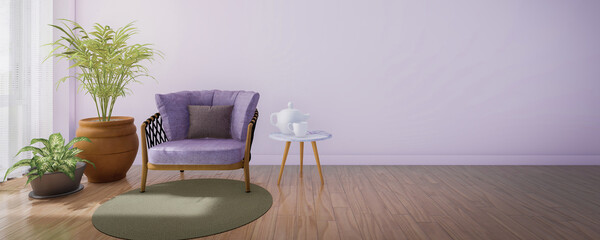 3d rendering of a living room interior with a seating area at the end of the room