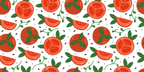 Flat whole and slice of tomato seamless pattern