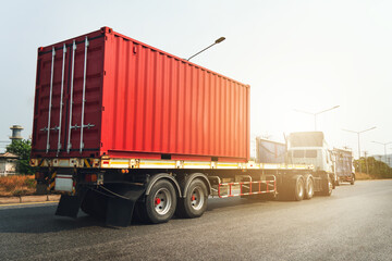 Trailer Trucks Driving on Highway Road. Cargo Container Shipping Economical Transportation Business. Commercial Truck Transport. Diesel Trucks. Freight Truck Logistic.	