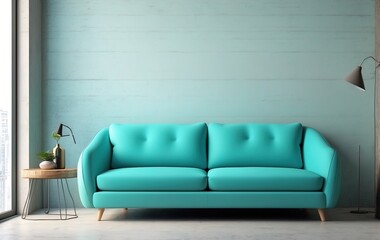 turquoise sofa near a window, creating a vibrant contrast against the concrete wall. The minimalist design allows for personalization and decoration