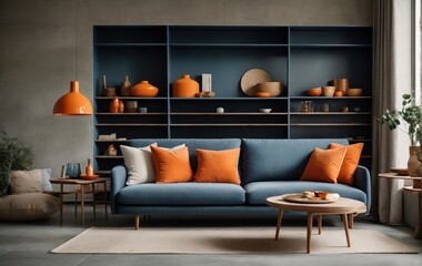 Scandinavian design with a blue sofa, orange and white pillows, and a concrete wall with a shelving unit for a stylish and contemporary look