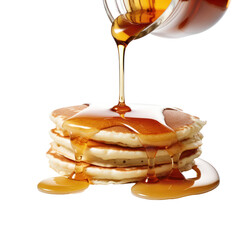 pancakes with pouring maple syrup in breakfast meal concept isolated on transparent background,transparency 